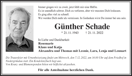 Traueranzeige von Günther Schade von Gelnhäuser Neue Zeitung