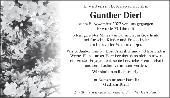 Traueranzeige von Gunther Dierl von Gelnhäuser Neue Zeitung