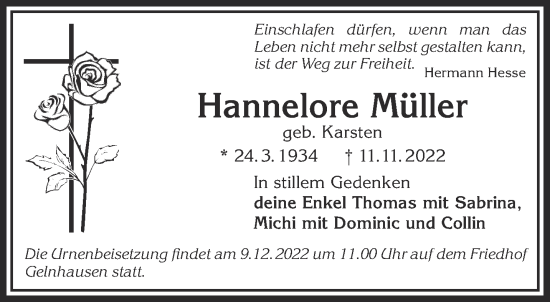 Traueranzeige von Hannelore Müller von Mittelhessen-Bote