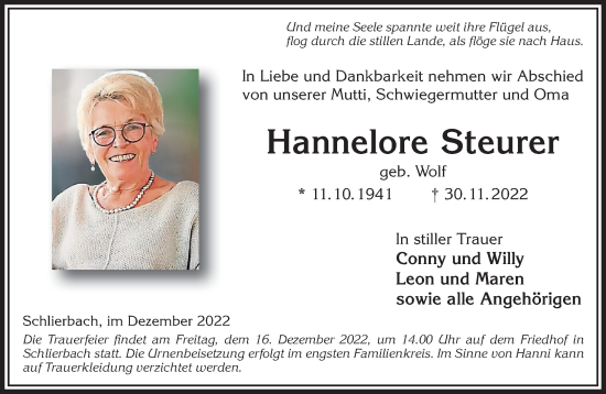 Traueranzeige von Hannelore Steurer von Gelnhäuser Neue Zeitung