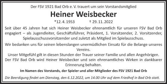 Traueranzeige von Heiner Weisbecker von Gelnhäuser Neue Zeitung