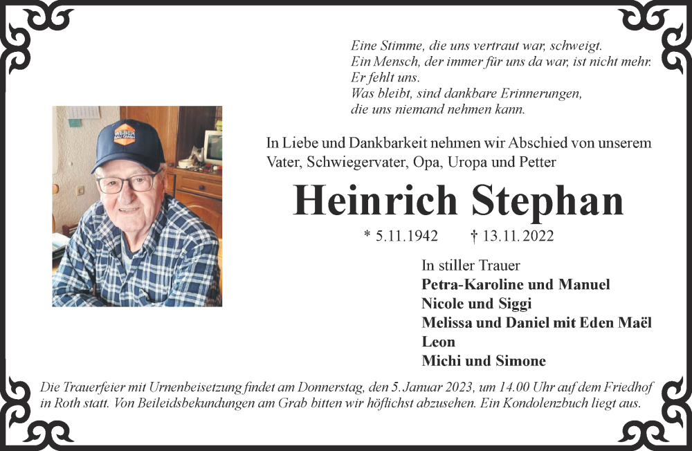  Traueranzeige für Heinrich Stephan vom 24.12.2022 aus Gelnhäuser Neue Zeitung