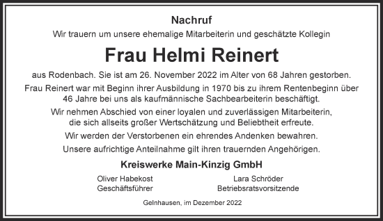 Traueranzeige von Helmi Reinert von Gelnhäuser Neue Zeitung