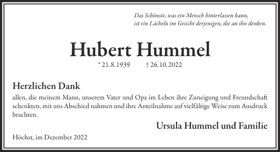 Traueranzeige von Hubert Hummel von Gelnhäuser Neue Zeitung