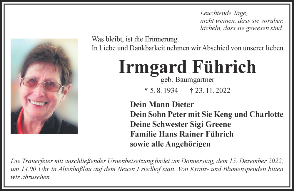  Traueranzeige für Irmgard Führich vom 03.12.2022 aus Gelnhäuser Neue Zeitung