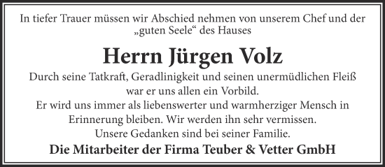 Traueranzeige von Jürgen Volz von Gelnhäuser Neue Zeitung