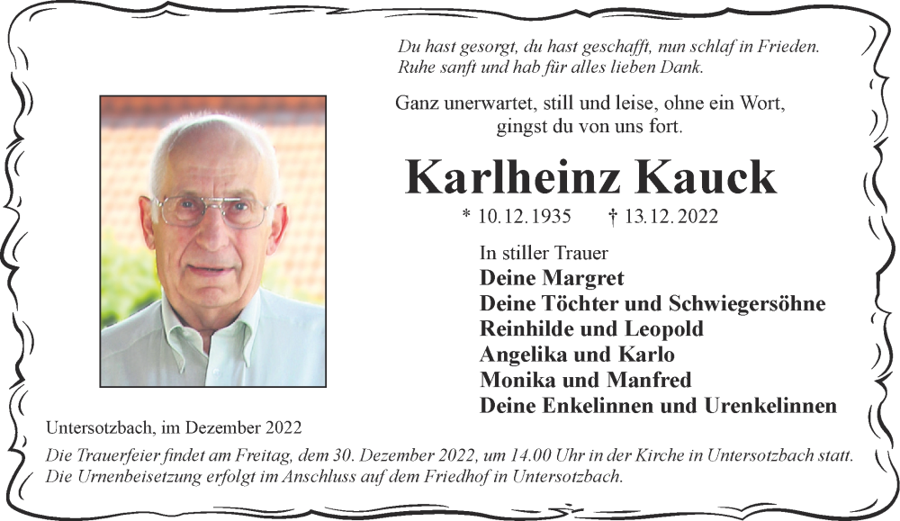  Traueranzeige für Karlheinz Kauck vom 24.12.2022 aus Gelnhäuser Neue Zeitung