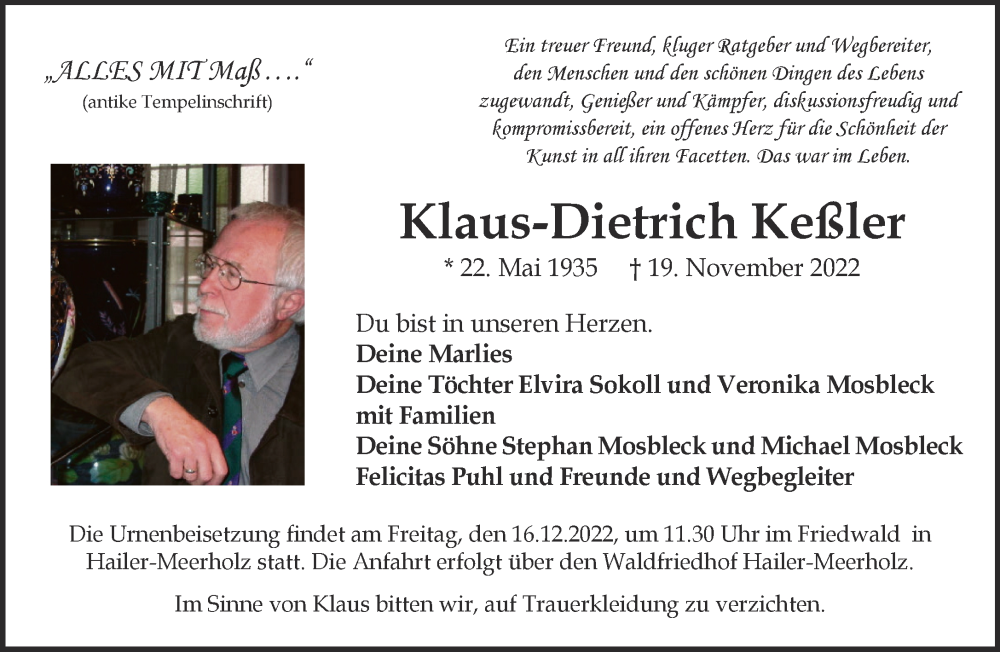  Traueranzeige für Klaus-Dietrich Keßler vom 03.12.2022 aus Gelnhäuser Neue Zeitung