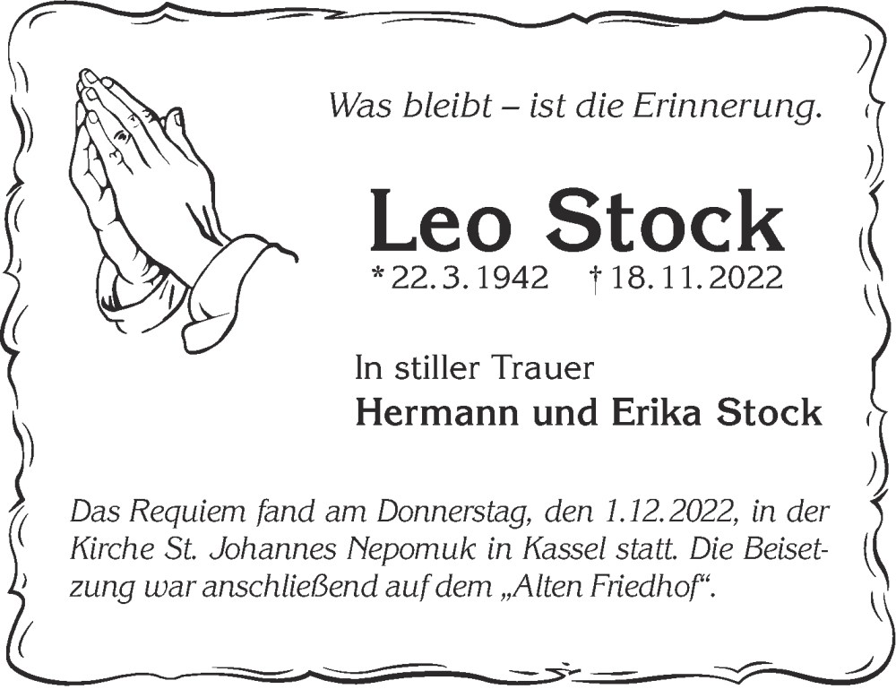  Traueranzeige für Leo Stock vom 03.12.2022 aus Mittelhessen-Bote