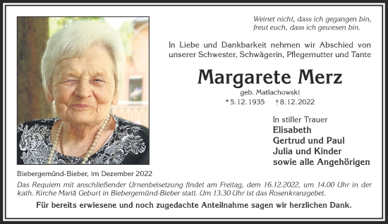 Traueranzeige von Margarete Merz von Gelnhäuser Neue Zeitung