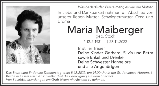 Traueranzeige von Maria Maiberger von Gelnhäuser Neue Zeitung