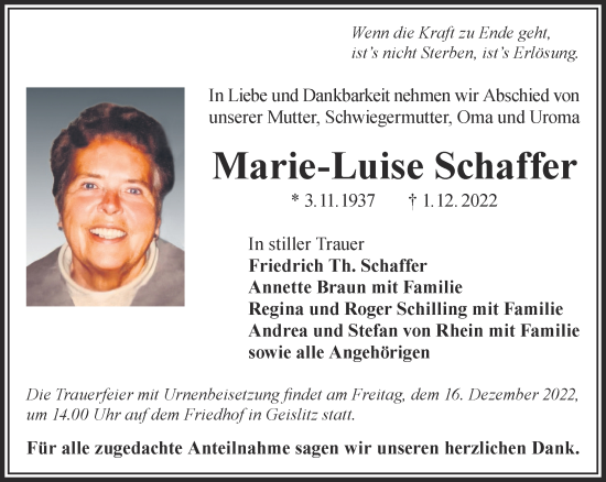 Traueranzeige von Marie-Luise Schaffer von Gelnhäuser Neue Zeitung