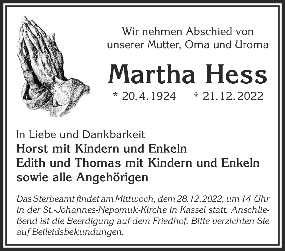  Traueranzeige für Martha Hess vom 24.12.2022 aus Gelnhäuser Neue Zeitung