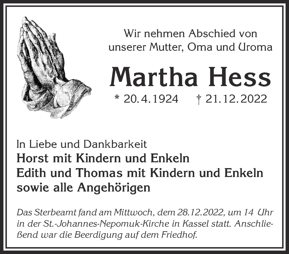  Traueranzeige für Martha Hess vom 31.12.2022 aus Mittelhessen-Bote