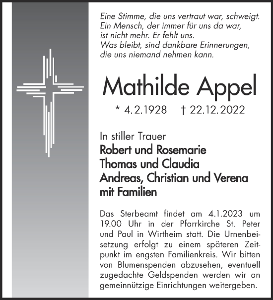 Traueranzeige von Mathilde Appel von Gelnhäuser Neue Zeitung