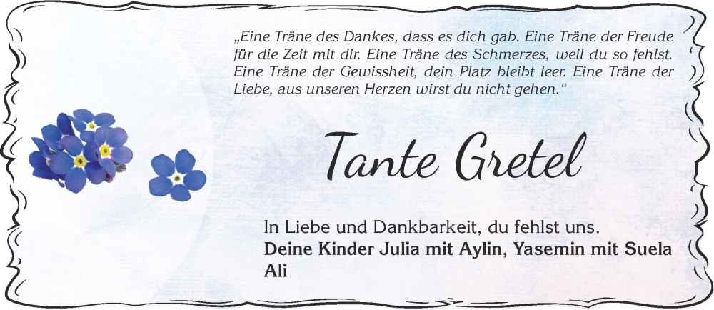  Traueranzeige für Tante Gretel vom 17.12.2022 aus Mittelhessen-Bote