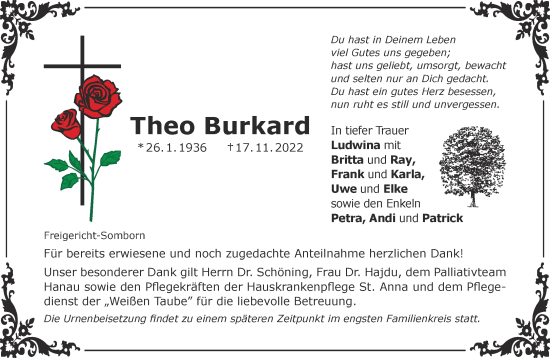 Traueranzeige von Theo Burkard von Gelnhäuser Neue Zeitung