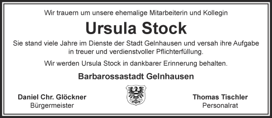 Traueranzeige von Ursula Stock von Gelnhäuser Neue Zeitung
