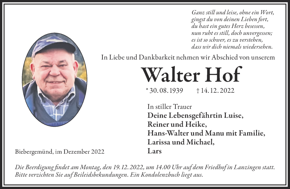  Traueranzeige für Walter Hof vom 17.12.2022 aus Gelnhäuser Neue Zeitung