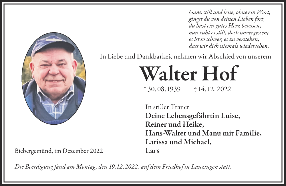  Traueranzeige für Walter Hof vom 24.12.2022 aus Mittelhessen-Bote