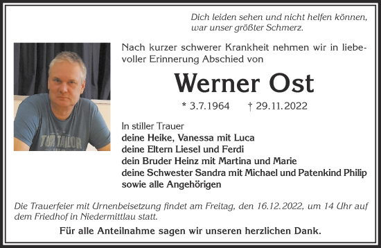 Traueranzeige von Werner Ost von Gelnhäuser Neue Zeitung