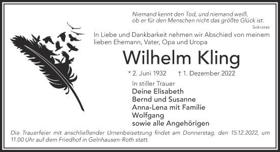 Traueranzeige von Wilhelm Kling von Gelnhäuser Neue Zeitung