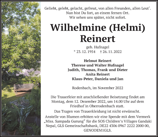 Traueranzeige von Wilhelmine Reinert von Gelnhäuser Neue Zeitung
