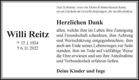 Traueranzeige von Willi Reitz von Gelnhäuser Neue Zeitung
