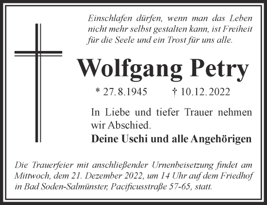 Traueranzeige von Wolfgang Petry von Gelnhäuser Neue Zeitung