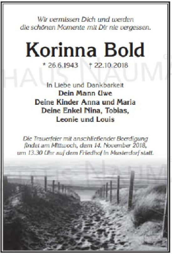 Traueranzeige von Korinna Bold von GELNHÄUSER NEUE ZEITUNG