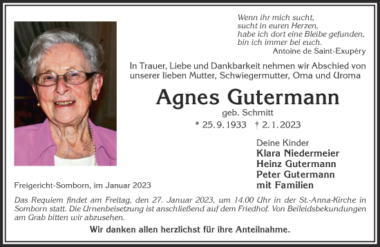 Traueranzeige von Agnes Gutermann von Gelnhäuser Neue Zeitung