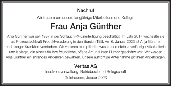Traueranzeige von Anja Günther von Gelnhäuser Neue Zeitung