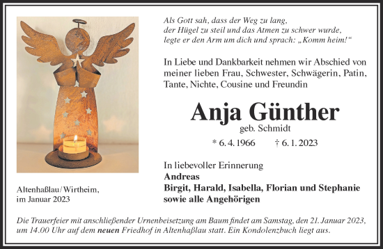 Traueranzeige von Anja Günther von Gelnhäuser Neue Zeitung