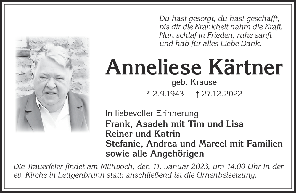  Traueranzeige für Anneliese Kärtner vom 07.01.2023 aus Gelnhäuser Neue Zeitung