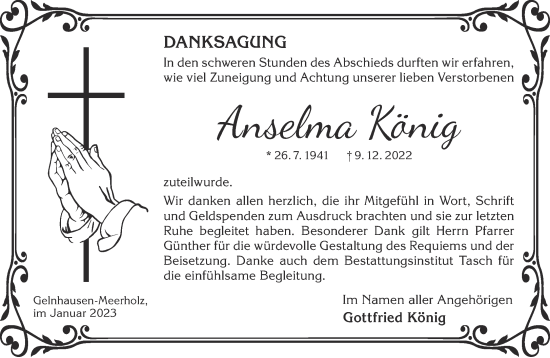 Traueranzeige von Anselma König von Gelnhäuser Neue Zeitung