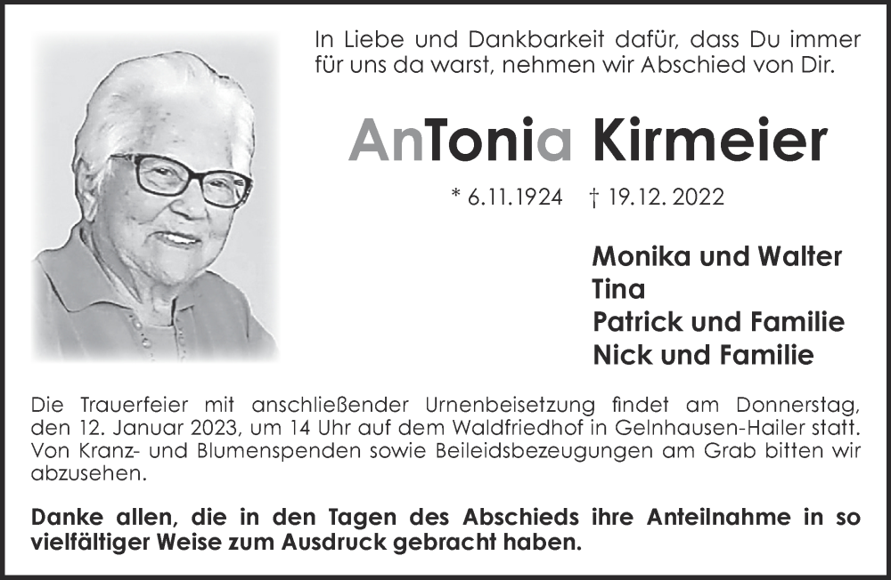  Traueranzeige für Antonia Kirmeier vom 07.01.2023 aus Gelnhäuser Neue Zeitung