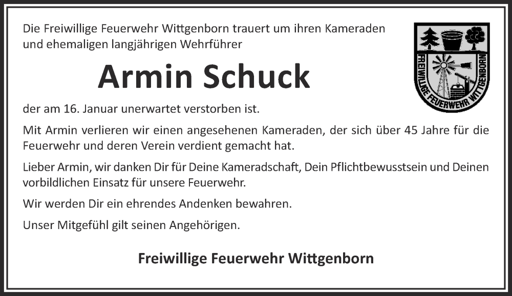  Traueranzeige für Armin Schuck vom 28.01.2023 aus Gelnhäuser Neue Zeitung