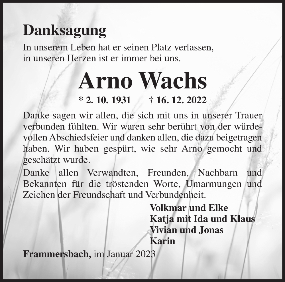  Traueranzeige für Arno Wachs vom 14.01.2023 aus Gelnhäuser Neue Zeitung