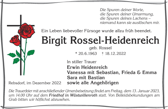 Traueranzeige von Birgit Rossel-Heidenreich von Gelnhäuser Neue Zeitung