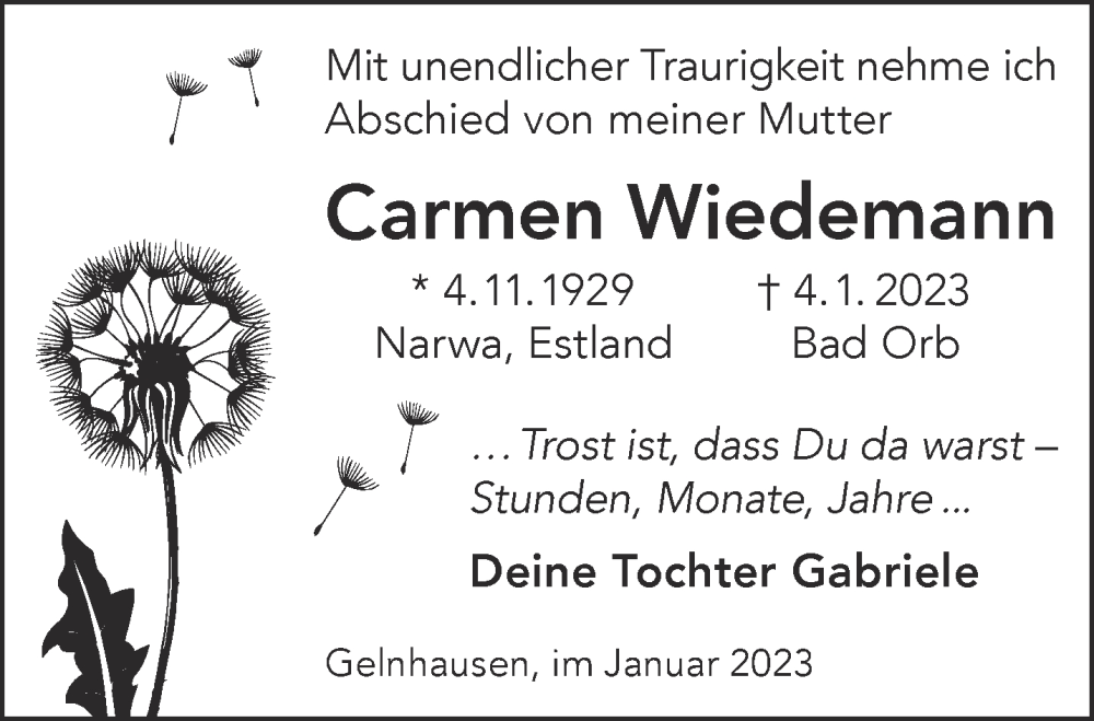  Traueranzeige für Carmen Wiedemann vom 14.01.2023 aus Mittelhessen-Bote