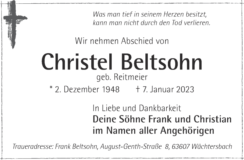  Traueranzeige für Christel Beltsohn vom 14.01.2023 aus Gelnhäuser Neue Zeitung