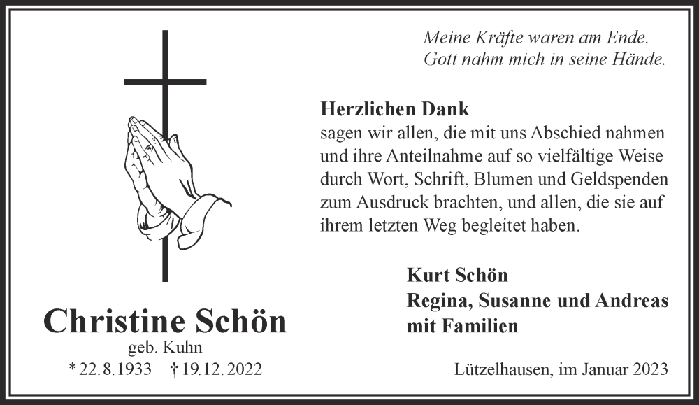  Traueranzeige für Christine Schön vom 14.01.2023 aus Gelnhäuser Neue Zeitung
