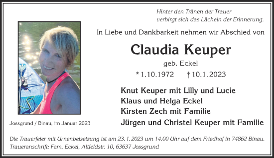 Traueranzeige von Claudia Keuper von Gelnhäuser Neue Zeitung