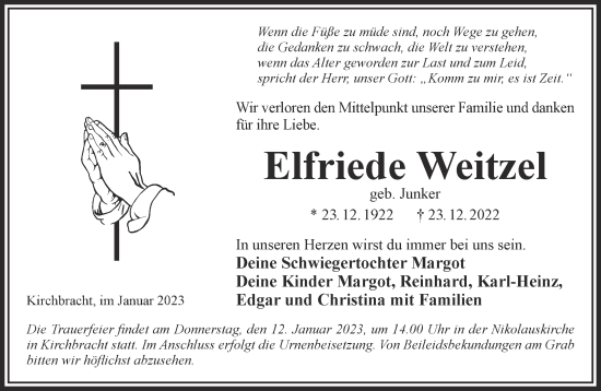 Traueranzeige von Elfriede Weitzel von Gelnhäuser Neue Zeitung