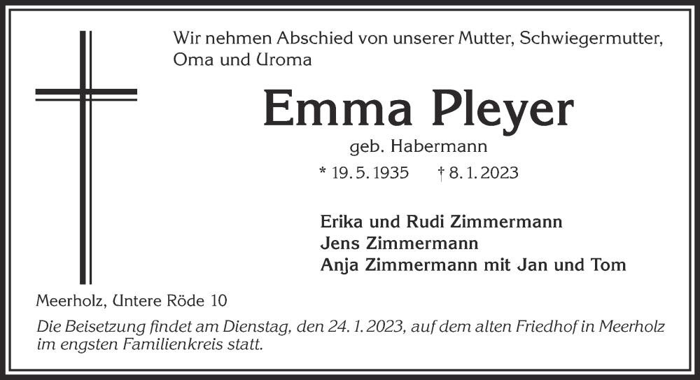  Traueranzeige für Emma Pleyer vom 21.01.2023 aus Mittelhessen-Bote
