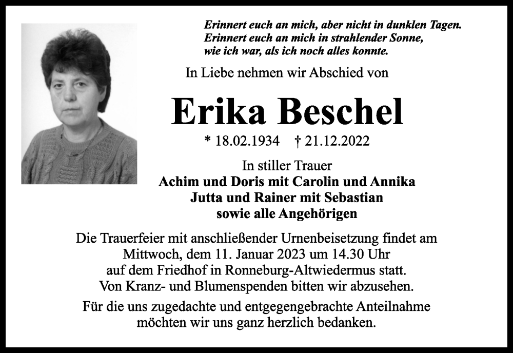  Traueranzeige für Erika Beschel vom 07.01.2023 aus Mittelhessen-Bote