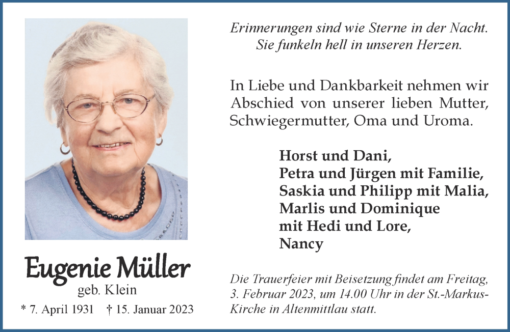  Traueranzeige für Eugenie Müller vom 28.01.2023 aus Gelnhäuser Neue Zeitung