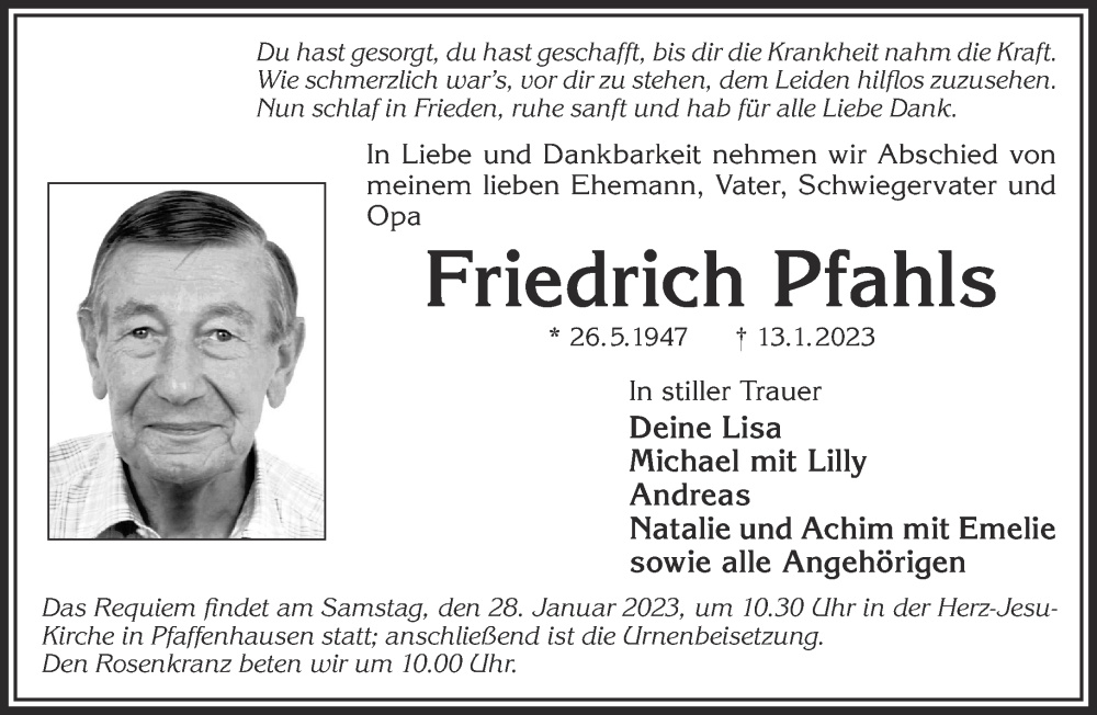  Traueranzeige für Friedrich Pfahls vom 21.01.2023 aus Gelnhäuser Neue Zeitung