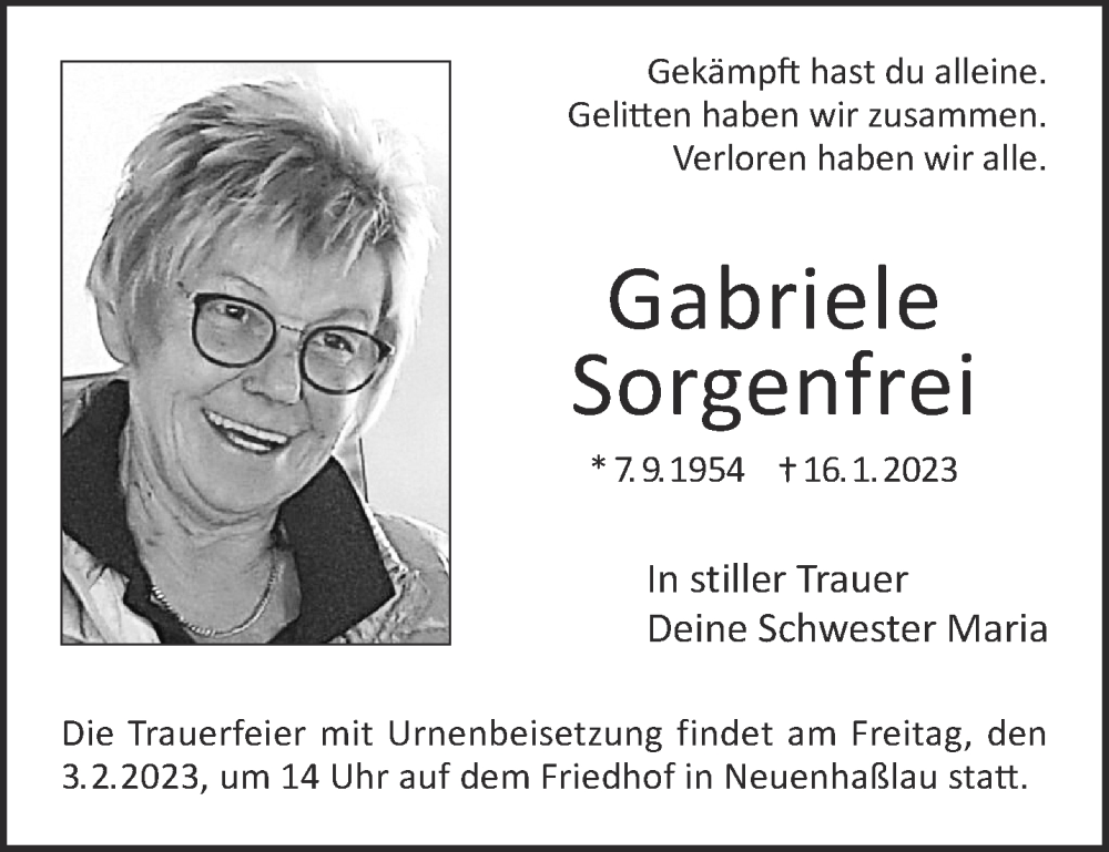  Traueranzeige für Gabriele Sorgenfrei vom 28.01.2023 aus Gelnhäuser Neue Zeitung
