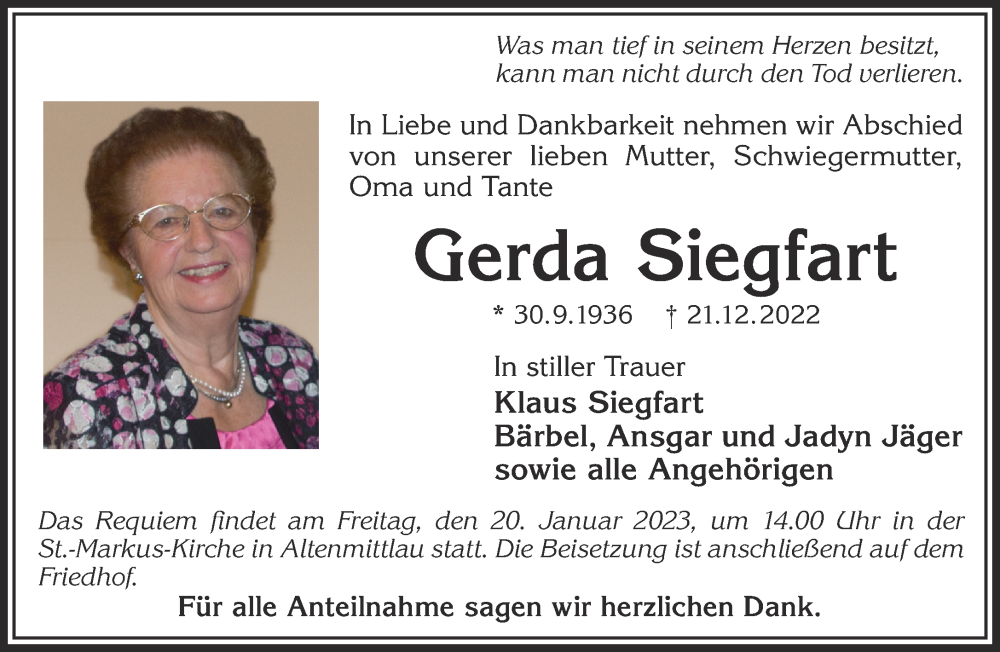  Traueranzeige für Gerda Siegfart vom 07.01.2023 aus Mittelhessen-Bote